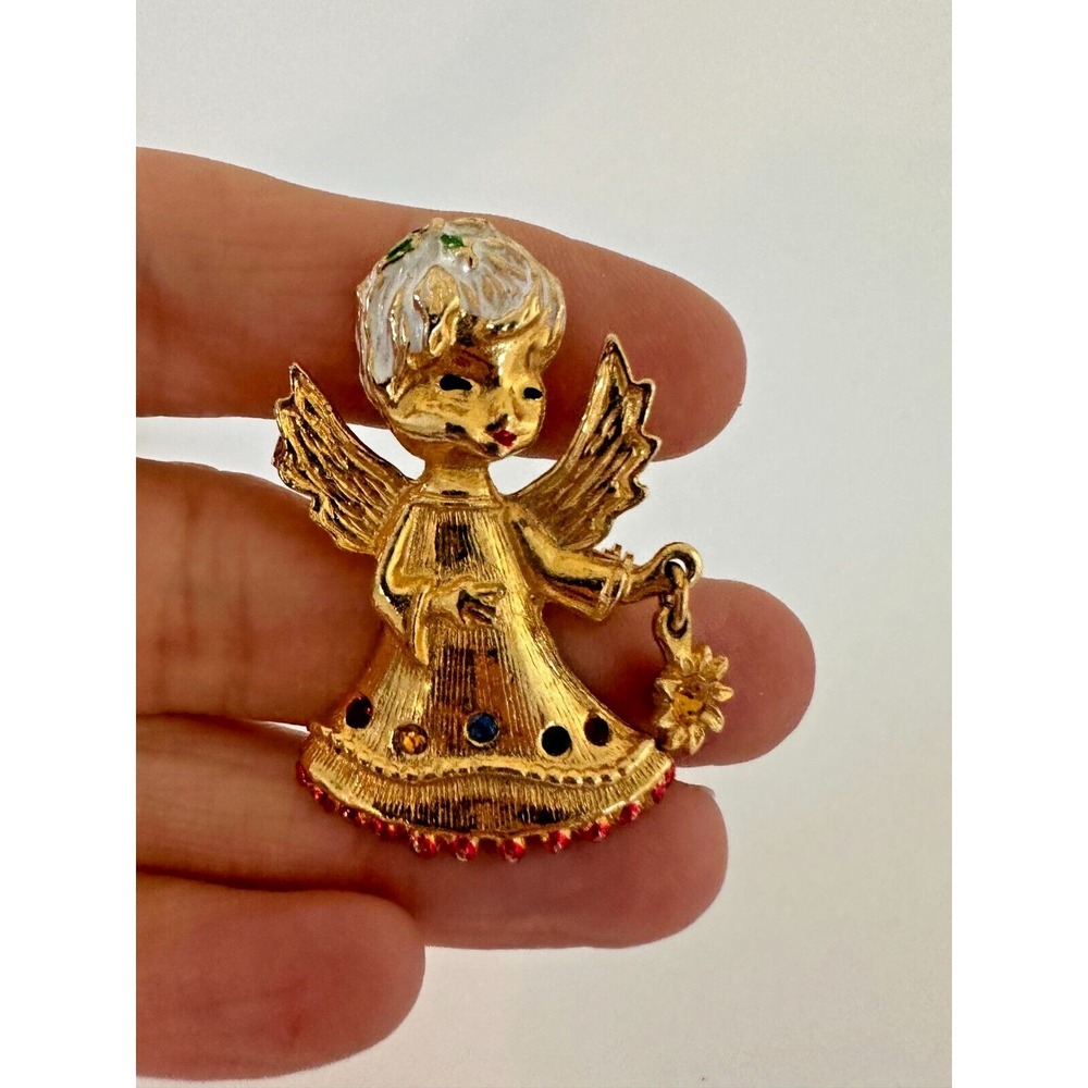 Christmas Angel Brooch Made Italy‎ 60s/70s Holly Dangle Star Pin Vintage